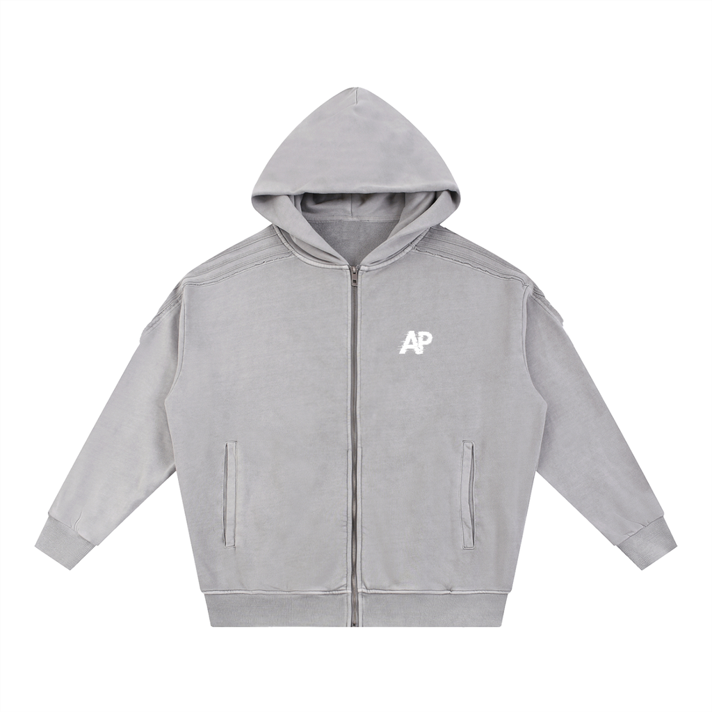 Snow Washed Tape Raw Edge Zip Hoodie