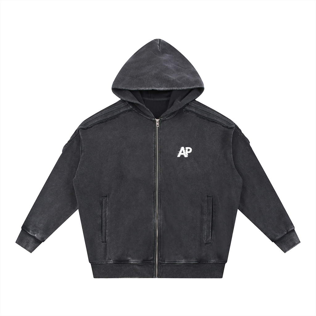 Snow Washed Tape Raw Edge Zip Hoodie